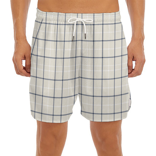 Beige Tattersall Pattern Print Men's Split Running Shorts