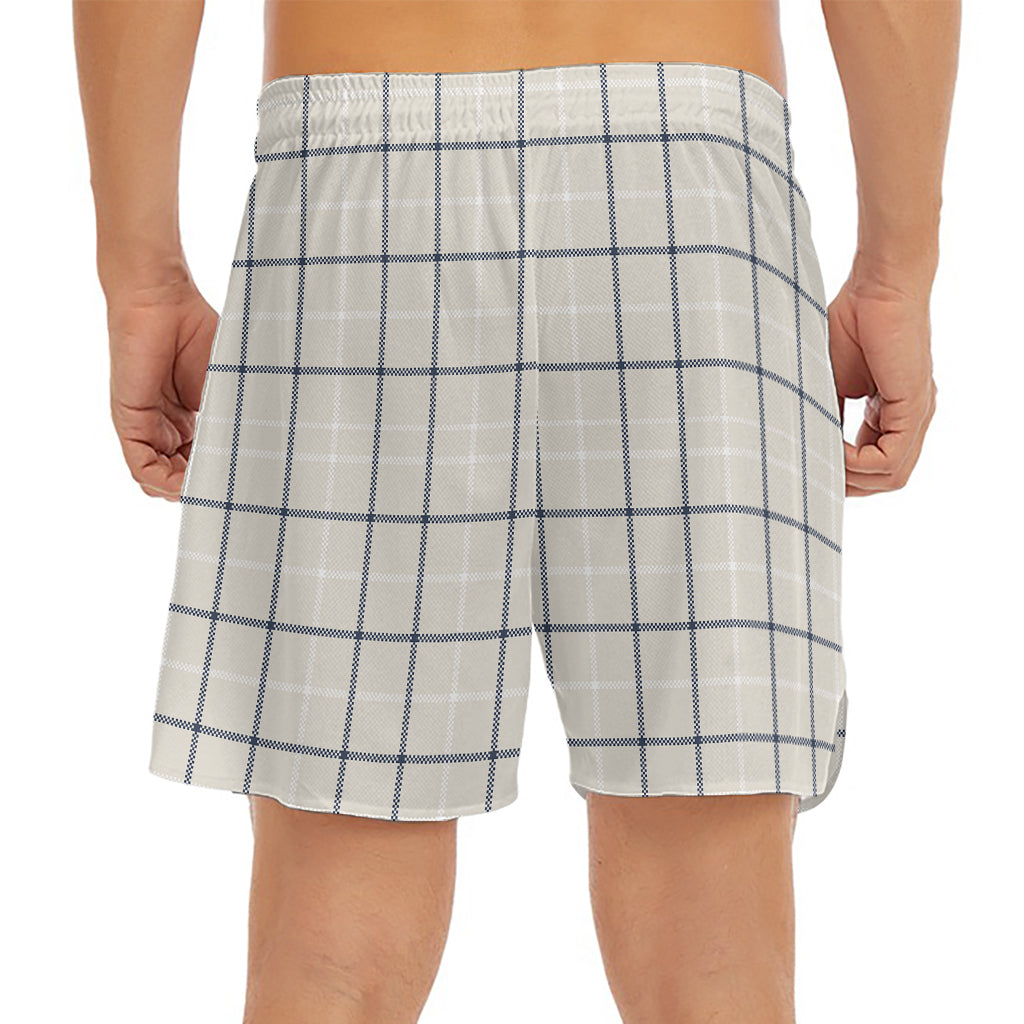 Beige Tattersall Pattern Print Men's Split Running Shorts