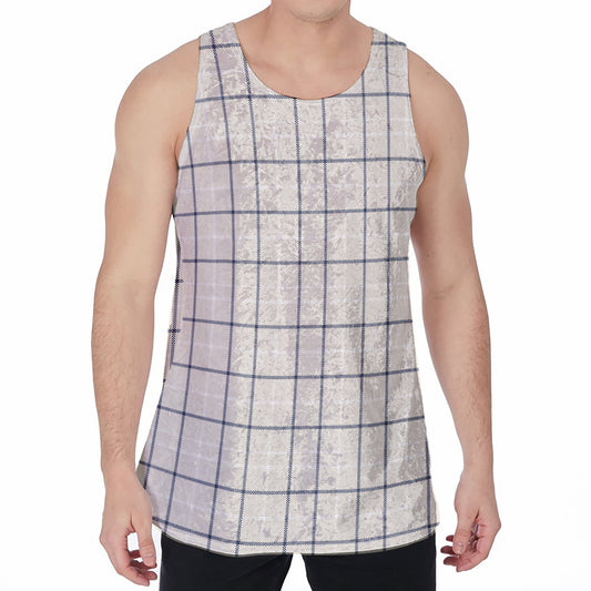Beige Tattersall Pattern Print Men's Velvet Tank Top