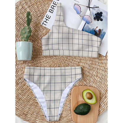 Beige Tattersall Pattern Print One Shoulder Bikini Top