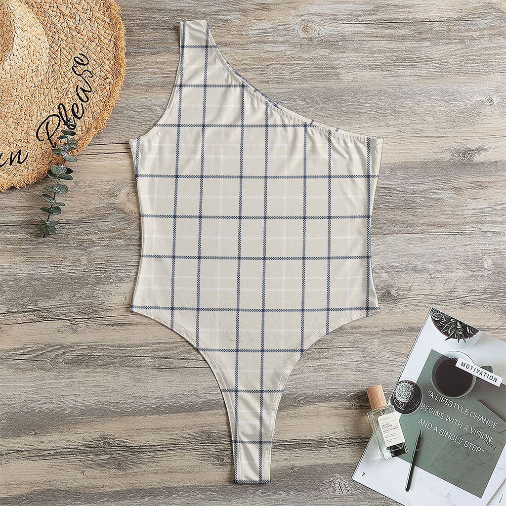 Beige Tattersall Pattern Print One Shoulder Bodysuit