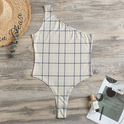 Beige Tattersall Pattern Print One Shoulder Bodysuit