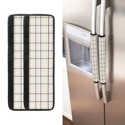 Beige Tattersall Pattern Print Refrigerator Handle Covers