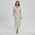 Beige Tattersall Pattern Print Short Sleeve Maxi Dress