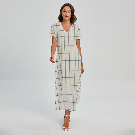 Beige Tattersall Pattern Print Short Sleeve Maxi Dress