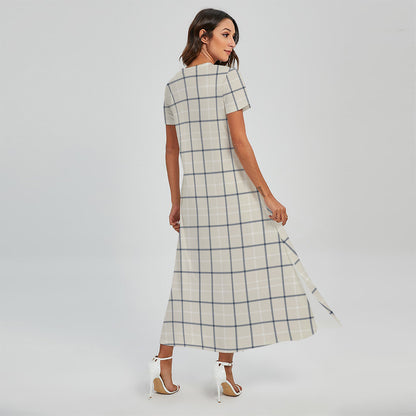 Beige Tattersall Pattern Print Short Sleeve Maxi Dress