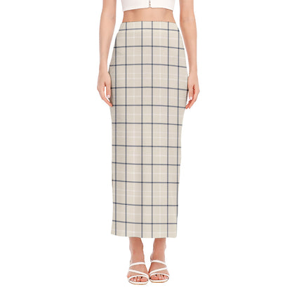 Beige Tattersall Pattern Print Side Slit Maxi Skirt