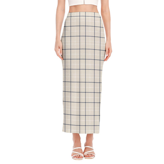 Beige Tattersall Pattern Print Side Slit Maxi Skirt