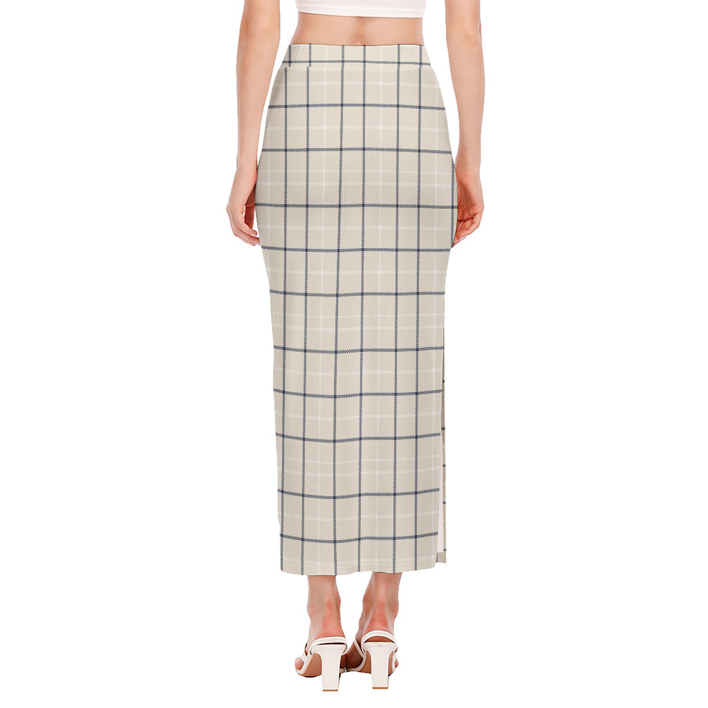Beige Tattersall Pattern Print Side Slit Maxi Skirt