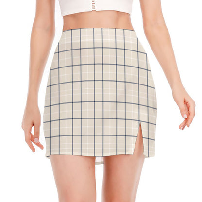 Beige Tattersall Pattern Print Side Slit Mini Skirt