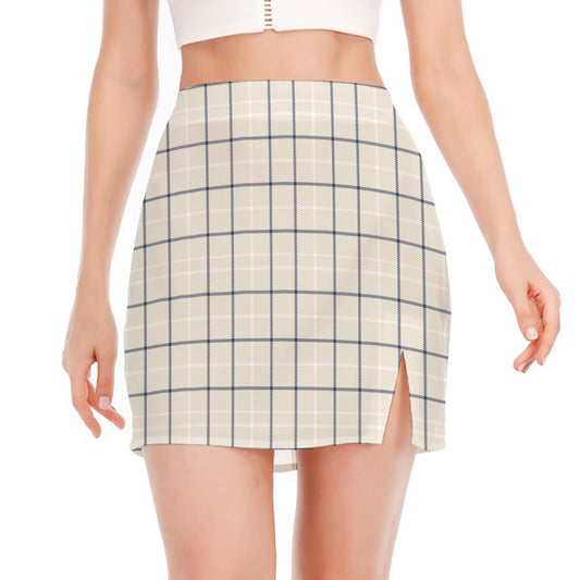 Beige Tattersall Pattern Print Side Slit Mini Skirt