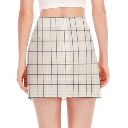 Beige Tattersall Pattern Print Side Slit Mini Skirt
