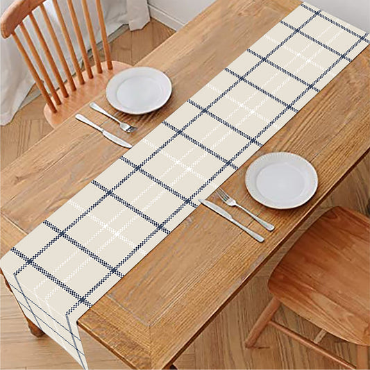 Beige Tattersall Pattern Print Table Runner