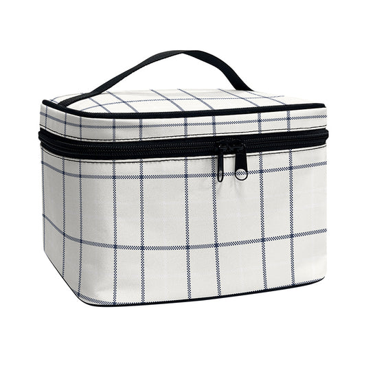 Beige Tattersall Pattern Print Travel Makeup Bag