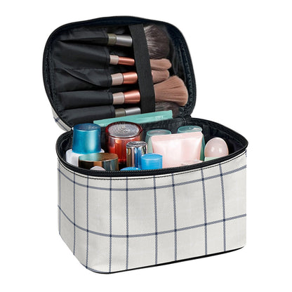 Beige Tattersall Pattern Print Travel Makeup Bag