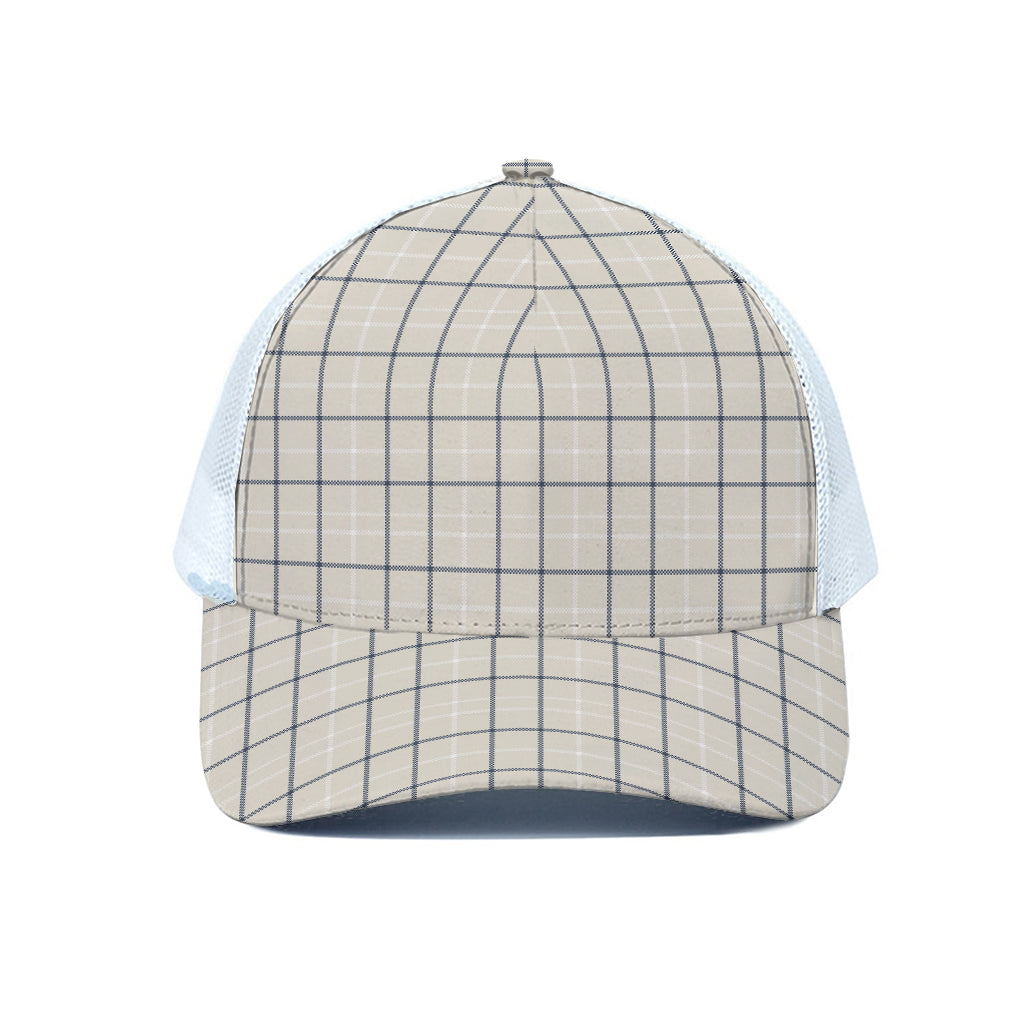 Beige Tattersall Pattern Print White Mesh Trucker Cap