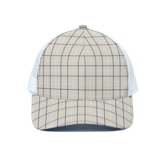 Beige Tattersall Pattern Print White Mesh Trucker Cap