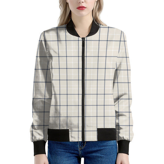 Beige Tattersall Pattern Print Women's Bomber Jacket
