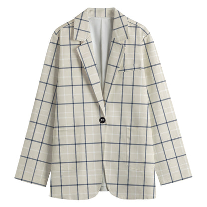 Beige Tattersall Pattern Print Women's Cotton Blazer