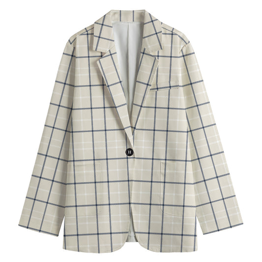 Beige Tattersall Pattern Print Women's Cotton Blazer