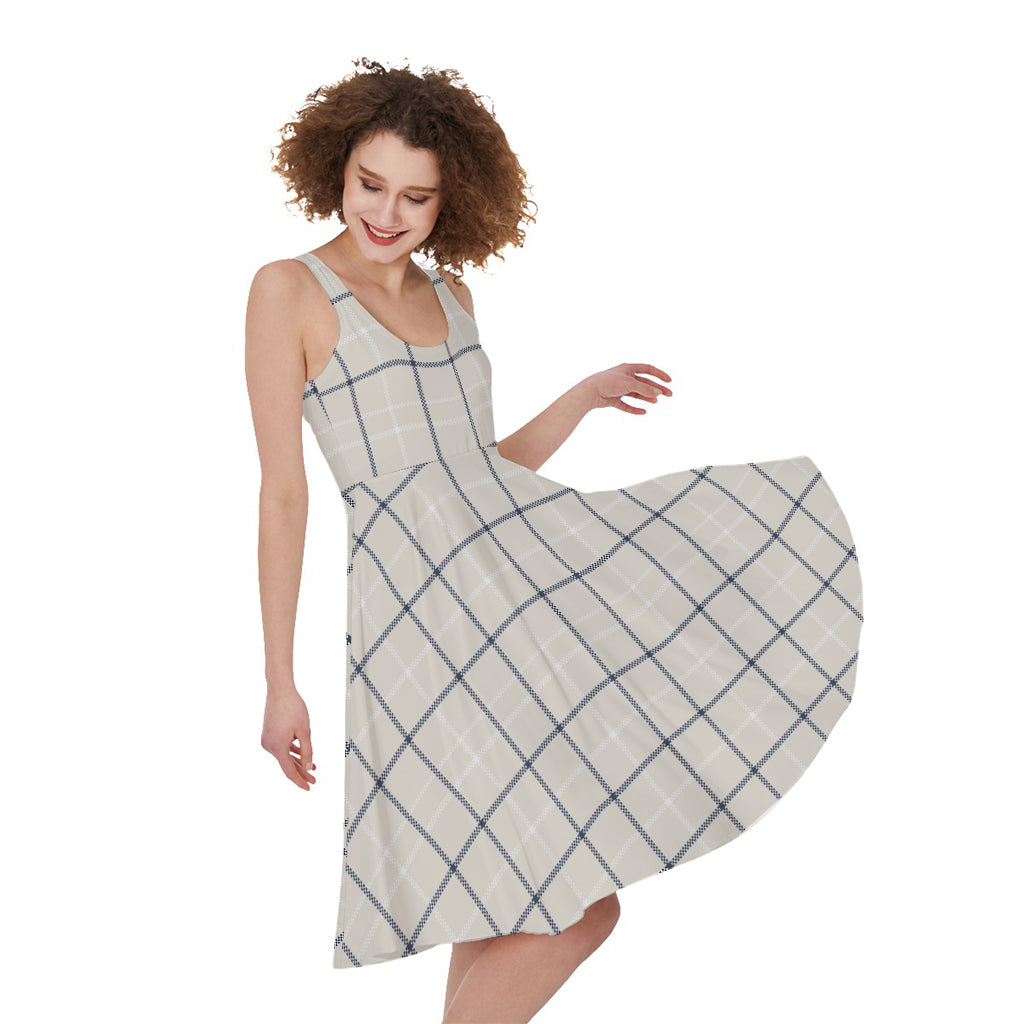 Beige Tattersall Pattern Print Women's Sleeveless Dress