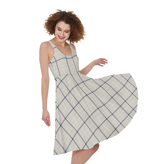 Beige Tattersall Pattern Print Women's Sleeveless Dress