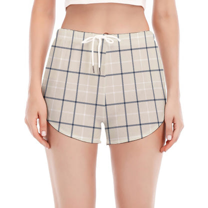 Beige Tattersall Pattern Print Women's Split Running Shorts