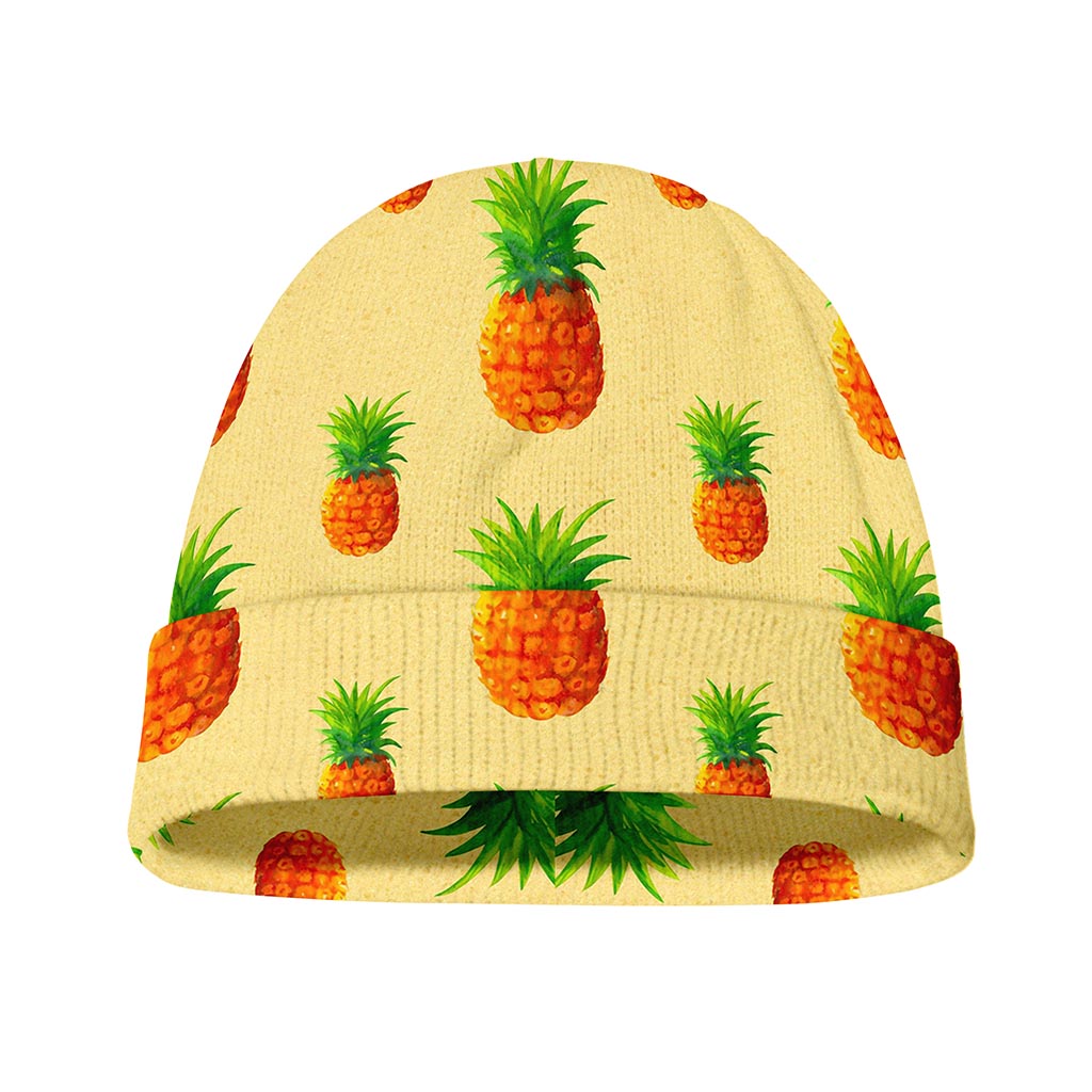 Beige Watercolor Pineapple Pattern Print Beanie