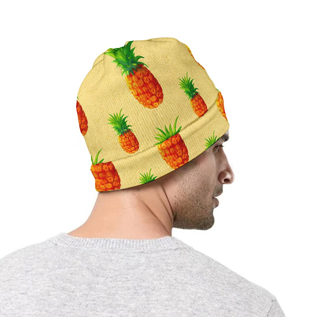 Beige Watercolor Pineapple Pattern Print Beanie