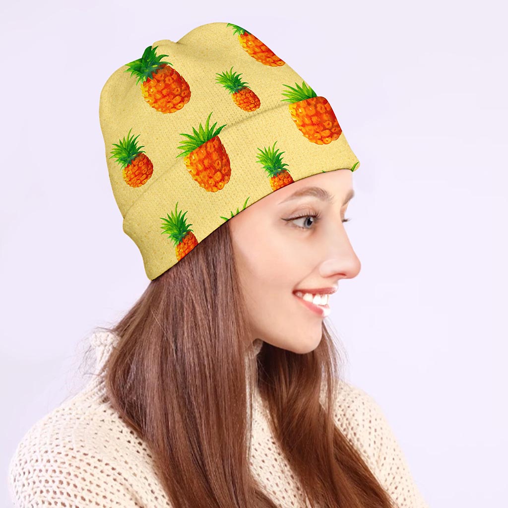 Beige Watercolor Pineapple Pattern Print Beanie