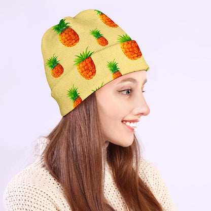 Beige Watercolor Pineapple Pattern Print Beanie