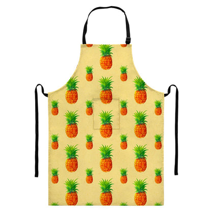 Beige Watercolor Pineapple Pattern Print Bib Apron With Pocket