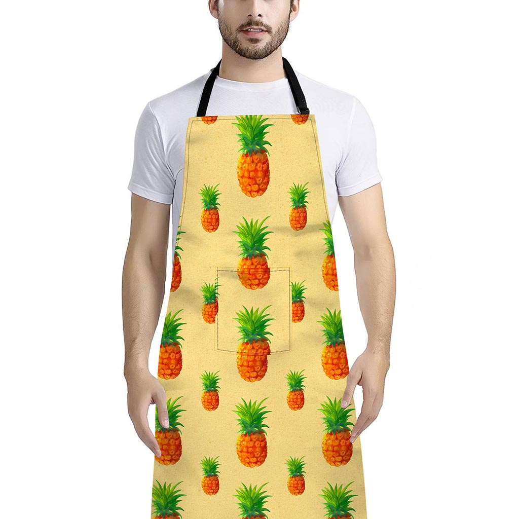 Beige Watercolor Pineapple Pattern Print Bib Apron With Pocket
