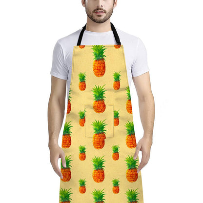 Beige Watercolor Pineapple Pattern Print Bib Apron With Pocket