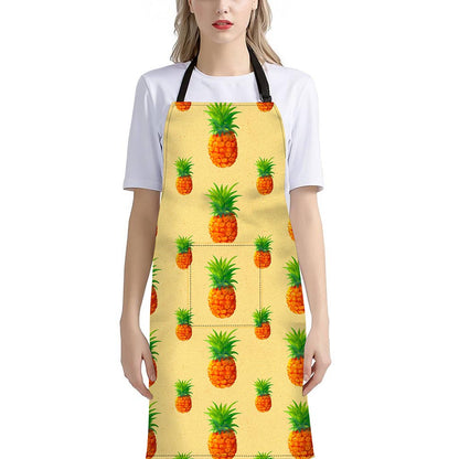Beige Watercolor Pineapple Pattern Print Bib Apron With Pocket