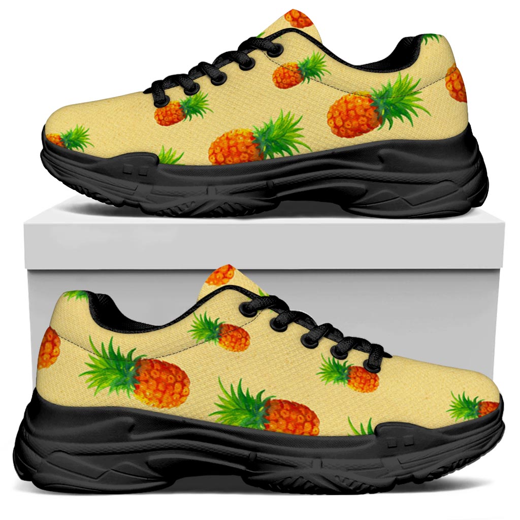 Beige Watercolor Pineapple Pattern Print Black Chunky Shoes