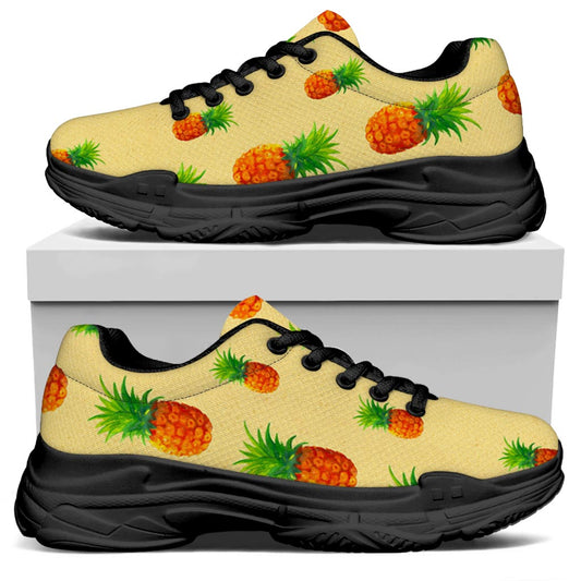Beige Watercolor Pineapple Pattern Print Black Chunky Shoes