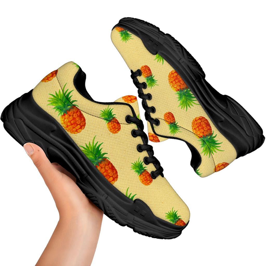 Beige Watercolor Pineapple Pattern Print Black Chunky Shoes