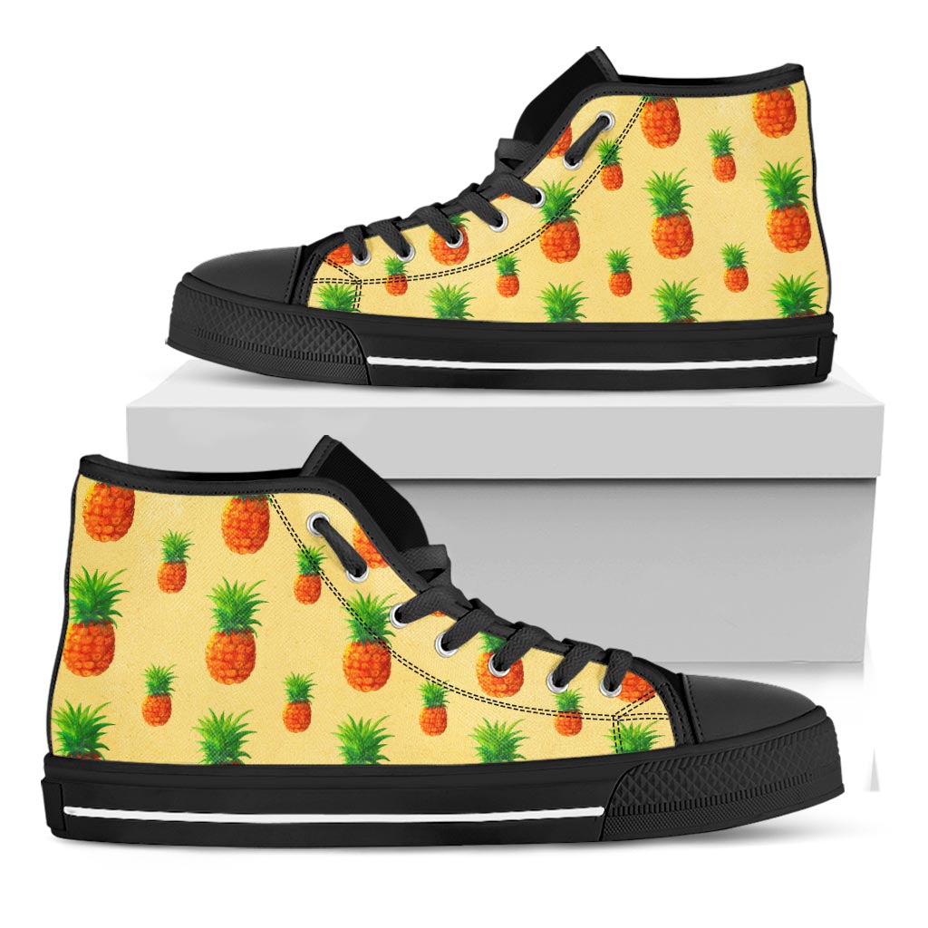 Beige Watercolor Pineapple Pattern Print Black High Top Sneakers