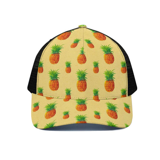 Beige Watercolor Pineapple Pattern Print Black Mesh Trucker Cap