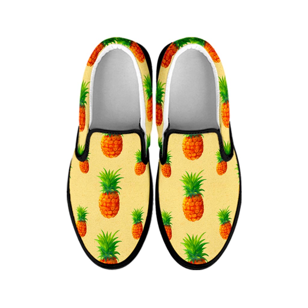 Beige Watercolor Pineapple Pattern Print Black Slip On Sneakers