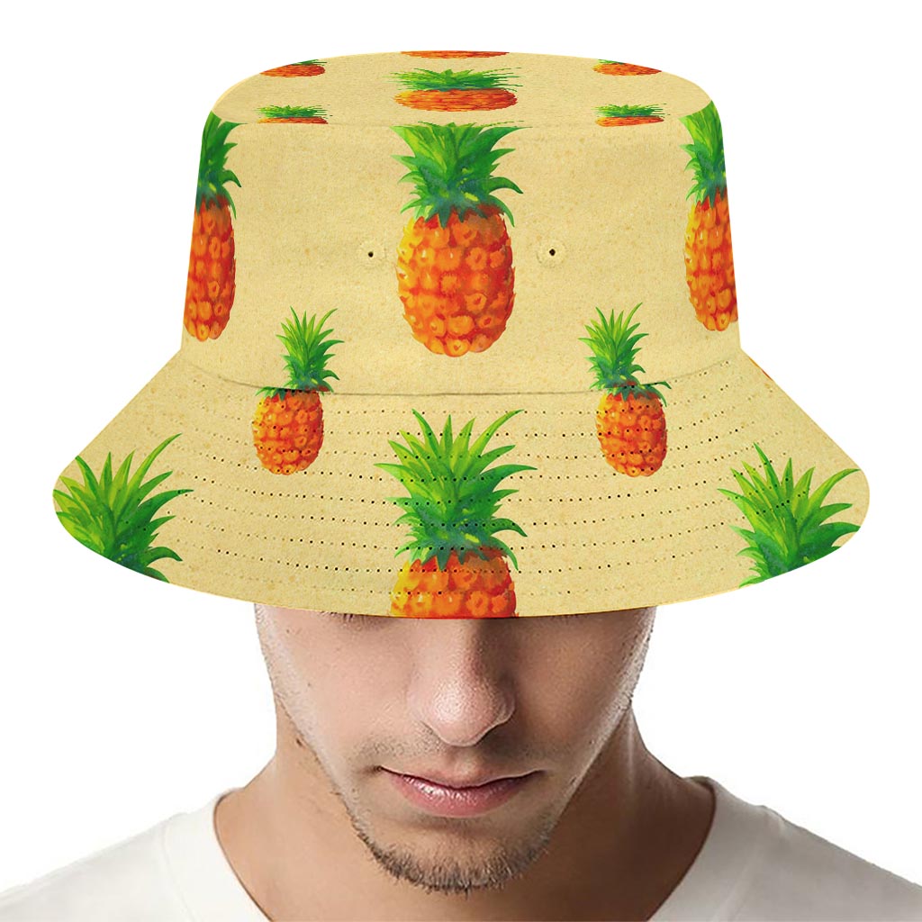 Beige Watercolor Pineapple Pattern Print Bucket Hat
