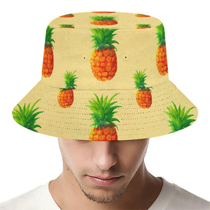 Beige Watercolor Pineapple Pattern Print Bucket Hat