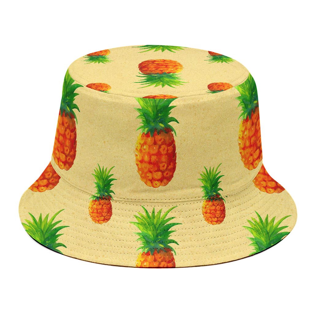 Beige Watercolor Pineapple Pattern Print Bucket Hat