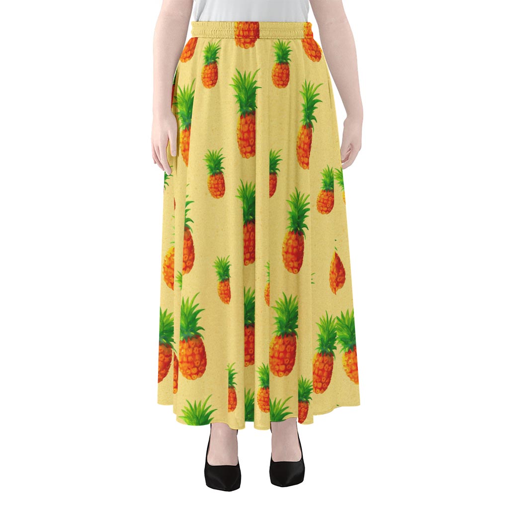Beige Watercolor Pineapple Pattern Print Chiffon Maxi Skirt