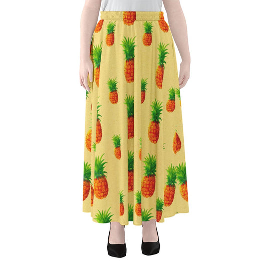 Beige Watercolor Pineapple Pattern Print Chiffon Maxi Skirt