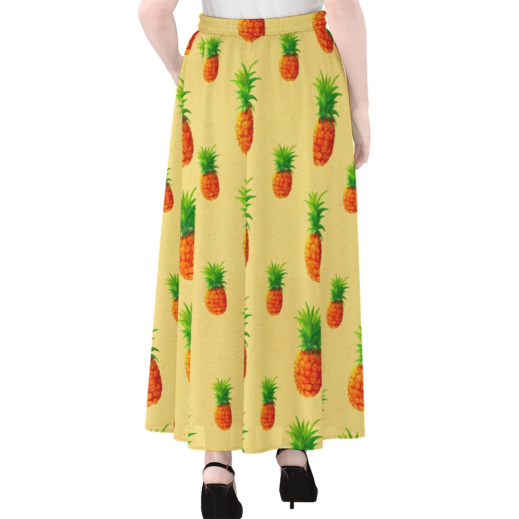 Beige Watercolor Pineapple Pattern Print Chiffon Maxi Skirt