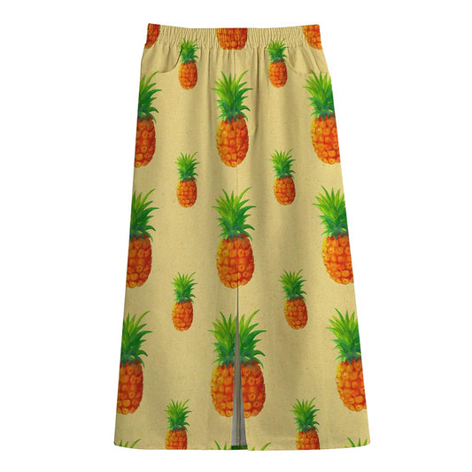 Beige Watercolor Pineapple Pattern Print Cotton Front Slit Maxi Skirt