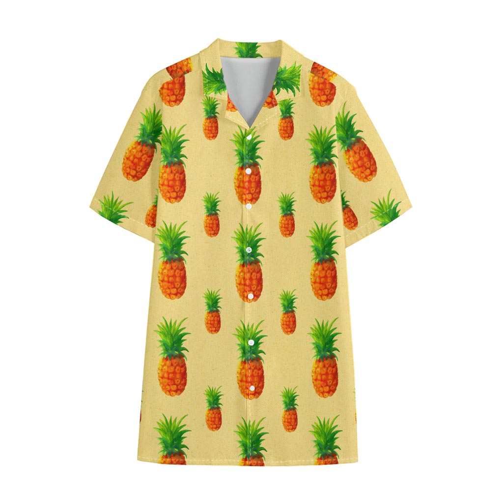 Beige Watercolor Pineapple Pattern Print Cotton Hawaiian Shirt