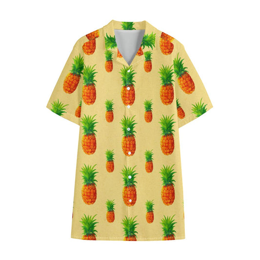 Beige Watercolor Pineapple Pattern Print Cotton Hawaiian Shirt